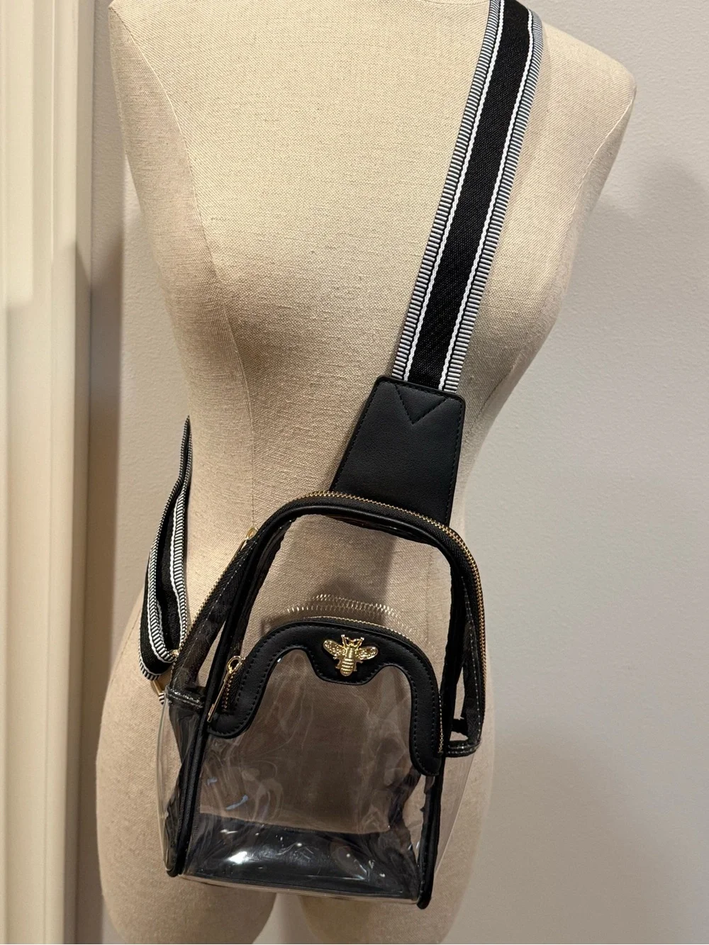 Black Clear Crossbody with Gold Bee Accent and Striped Strap